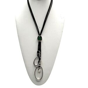 Chico's Bolo Style Necklace Black Silver Tone Y-Drop Cowgirl‎ Western NWT